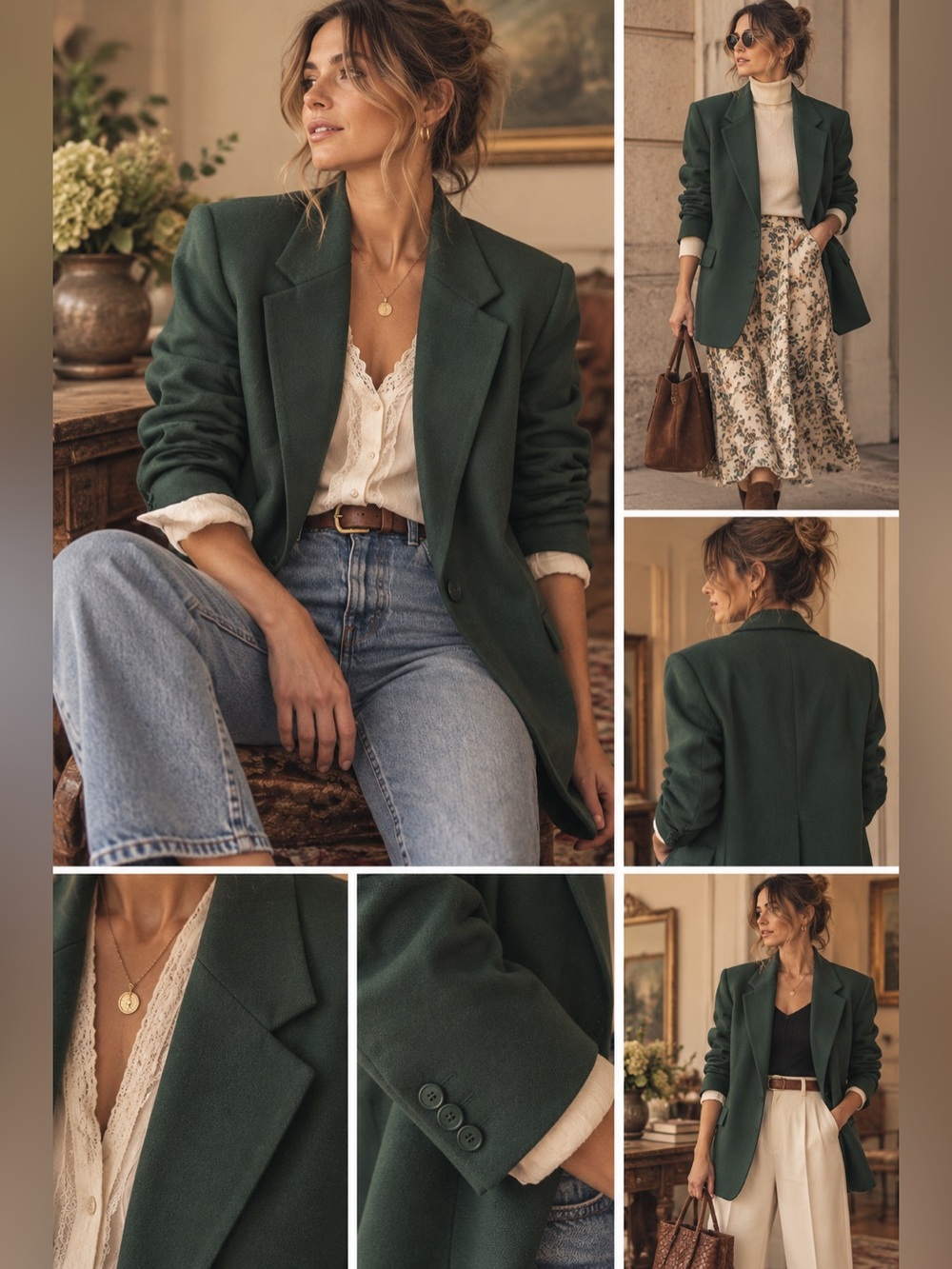 Vintage Dark Green wool Women’s Tailored Blazer Jacket - Elegant Everyday Coat